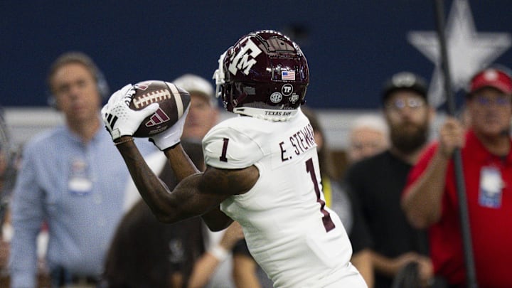 Sep 30, 2023; Arlington, Texas, USA; Texas A&M Aggies wide receiver Evan Stewart (1) catches a