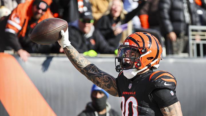 Jan 4, 2026; Cincinnati, Ohio, USA; Cincinnati Bengals running back Chase Brown (30) celebrates after catching a touchdown pass against the Cleveland Browns during the first quarter at Paycor Stadium. Mandatory Credit: Joseph Maiorana-Imagn Images
