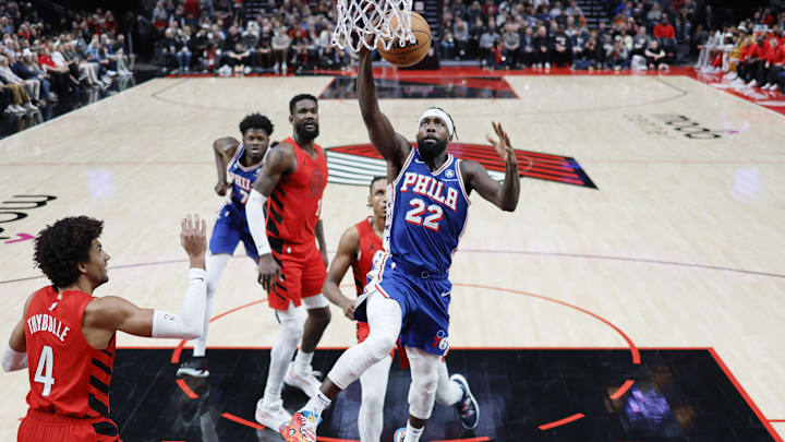 Jan 29, 2024; Portland, Oregon, USA; Philadelphia 76ers point guard Patrick Beverley (22) goes up for a dunk during the first half against the Portland Trail Blazers at Moda Center. Mandatory Credit: Soobum Im-Imagn Images