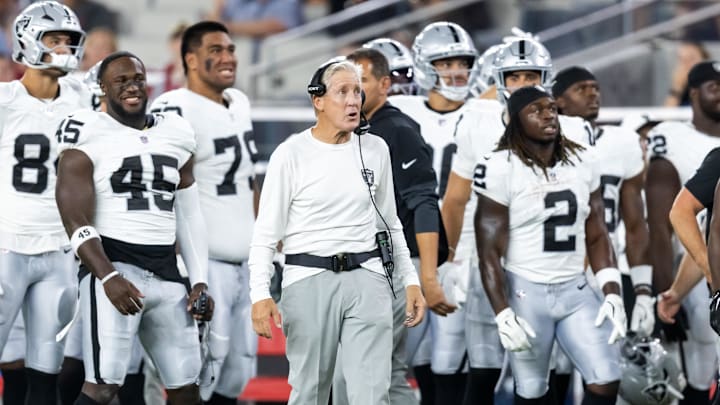 Aug 23, 2025; Glendale, Arizona, USA; Las Vegas Raiders head coach Pete Carroll with linebacker Devin White (45) and running back Ashton Jeanty (2) against the Arizona Cardinals during a preseason NFL game at State Farm Stadium. Mandatory Credit: Mark J. Rebilas-Imagn Images