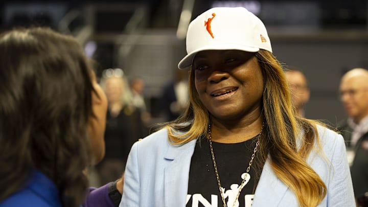 Oct 5, 2023; San Francisco, CA, USA; San Francisco mayor London Breed (left) chats with basketball great Sheryl Swoopes following a press conference to announce an expansion WNBA franchise in the San Francisco Bay Area at Chase Center. Mandatory Credit: D. Ross Cameron-Imagn Images