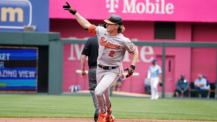 May 4, 2023; Kansas City, Missouri, USA; Baltimore Orioles third baseman Gunnar Henderson (2) rounds the bases after a home run against the Royals