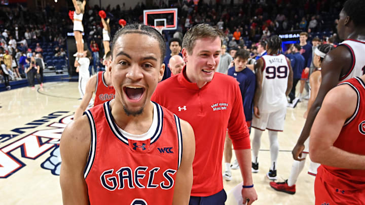 Feb 22, 2025; Spokane, Washington, USA; St. Mary's Gaels guard Mikey Lewis (0) celebrates after a game against the Gonzaga Bulldogs at McCarthey Athletic Center. Mandatory Credit: James Snook-Imagn Images