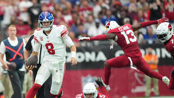 Sep 17, 2023; Glendale, Arizona, USA; New York Giants quarterback Daniel Jones (8) runs against the