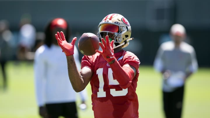 Jun 5, 2024; Santa Clara, CA, USA; San Francisco 49ers wide receiver Jauan Jennings (15) catches a pass during a mandatory minicamp at the team’s headquarters. Mandatory Credit: D. Ross Cameron-USA TODAY Sports