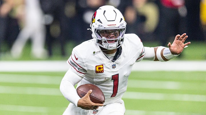 Sep 7, 2025; New Orleans, Louisiana, USA; Arizona Cardinals quarterback Kyler Murray (1) against the New Orleans Saints during the second half at Caesars Superdome. Mandatory Credit: Stephen Lew-Imagn Images