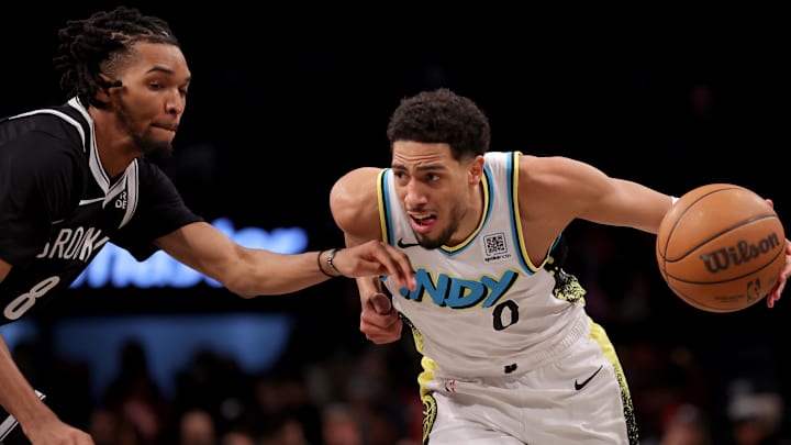 Jan 6, 2025; Brooklyn, New York, USA; Indiana Pacers guard Tyrese Haliburton (0) controls the ball against Brooklyn Nets forward Ziaire Williams (8) during the second quarter at Barclays Center. Mandatory Credit: Brad Penner-Imagn Images Jan 6, 2025; Brooklyn, New York, USA; Indiana Pacers guard Tyrese Haliburton (0) controls the ball against Brooklyn Nets forward Ziaire Williams (8) during the second quarter at Barclays Center. Mandatory Credit: Brad Penner-Imagn Images