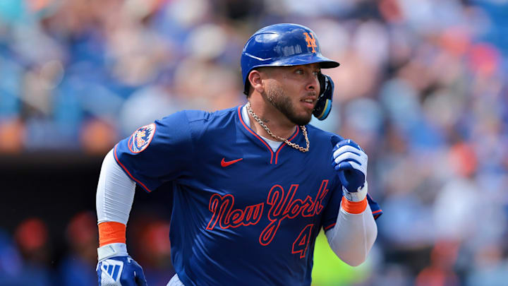 Feb 27, 2025; Port St. Lucie, Florida, USA; New York Mets catcher Francisco Alvarez (4) runs to first base after hitting a single against the Houston Astros during the first inning at Clover Park. Mandatory Credit: Sam Navarro-Imagn Images