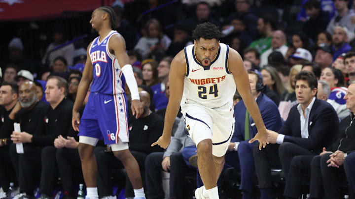 Jan 5, 2026; Philadelphia, Pennsylvania, USA; Denver Nuggets guard Jalen Pickett (24) reacts to his three pointer in front of Philadelphia 76ers guard Tyrese Maxey (0) during the second quarter at Xfinity Mobile Arena. Mandatory Credit: Bill Streicher-Imagn Images Jan 5, 2026; Philadelphia, Pennsylvania, USA; Denver Nuggets guard Jalen Pickett (24) reacts to his three pointer in front of Philadelphia 76ers guard Tyrese Maxey (0) during the second quarter at Xfinity Mobile Arena. Mandatory Credit: Bill Streicher-Imagn Images