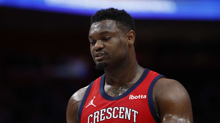 New Orleans Pelicans forward Zion Williamson (1) looks on in the first half against the Detroit Pistons at Little Caesars Arena. 