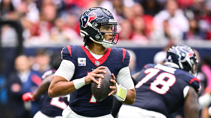 Oct 15, 2023; Houston, Texas, USA; Houston Texans quarterback C.J. Stroud (7) looks to pass the ball