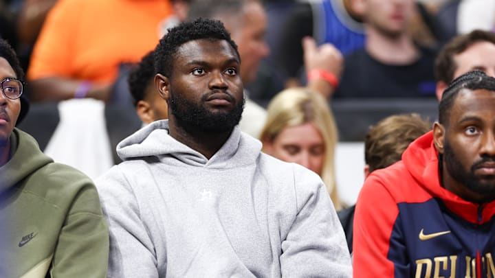 Nov 8, 2024; Orlando, Florida, USA; New Orleans Pelicans forward Zion Williamson (1) looks on from the bench against the Orlando Magic in the third quarter at Kia Center. Mandatory Credit: Nathan Ray Seebeck-Imagn Images