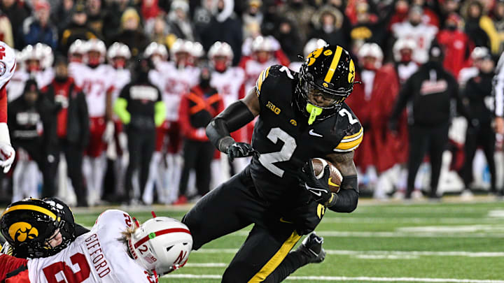 Nov 29, 2024; Iowa City, Iowa, USA; Iowa Hawkeyes running back Kaleb Johnson (2)