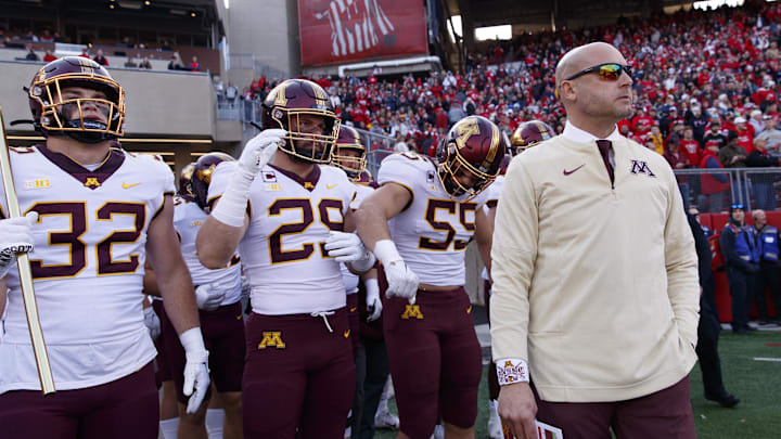 Minnesota coach P.J. Fleck stands before taking the field prior to the game against Wisconsin at Camp Randall Stadium in Madison, Wis., on Nov. 26, 2022. Minnesota coach P.J. Fleck stands before taking the field prior to the game against Wisconsin at Camp Randall Stadium in Madison, Wis., on Nov. 26, 2022.