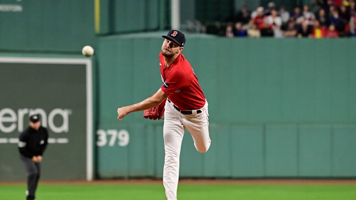 Boston Red Sox starting pitcher Chris Sale (41) pitches against the Chicago White Sox  during the first inning at Fenway Park in 2023.