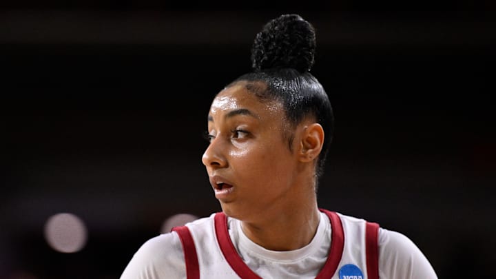 JuJu Watkins looks on during USC's 2025 NCAA tournament opener.
