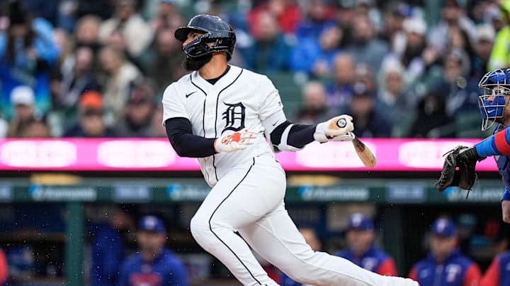 Detroit Tigers second baseman Gleyber Torres (25) bats a single against Texas Rangers during the first inning at Comerica Park in Detroit on Saturday, May 2, 2026.