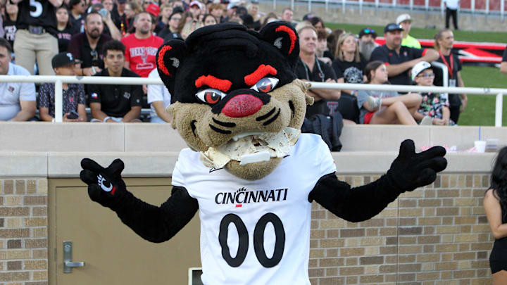 Sep 28, 2024; Lubbock, Texas, USA;  The Cincinnati Bearcats mascot on the field in the first half during the game against the Texas Tech Red Raiders at Jones AT&T Stadium and Cody Campbell Field. Mandatory Credit: Michael C. Johnson-Imagn Images