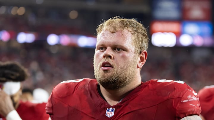 Aug 9, 2025; Glendale, Arizona, USA; Arizona Cardinals offensive lineman Hayden Conner (58) against the Kansas City Chiefs during a preseason NFL game at State Farm Stadium. Mandatory Credit: Mark J. Rebilas-Imagn Images