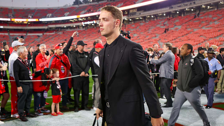 Nov 16, 2024; Athens, Georgia, USA; Georgia Bulldogs quarterback Carson Beck (15) walks into Sanford Stadium before a game against the Tennessee Volunteers. Mandatory Credit: Brett Davis-Imagn Images
