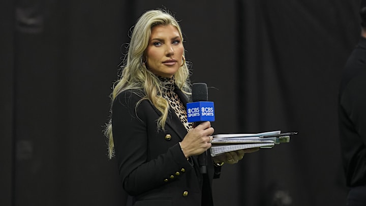 CBS Sports sideline reporter Melanie Collins on the field for the game between the Atlanta Falcons and Los Angeles Chargers 