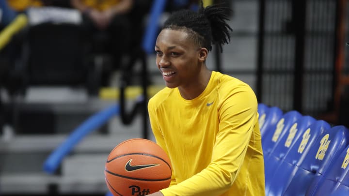 Jan 16, 2024; Pittsburgh, Pennsylvania, USA; Pittsburgh Panthers guard Carlton Carrington (7) looks on during warm ups before the game against the Syracuse Orange at the Petersen Events Center. Mandatory Credit: Charles LeClaire-USA TODAY Sports Jan 16, 2024; Pittsburgh, Pennsylvania, USA; Pittsburgh Panthers guard Carlton Carrington (7) looks on during warm ups before the game against the Syracuse Orange at the Petersen Events Center. Mandatory Credit: Charles LeClaire-USA TODAY Sports