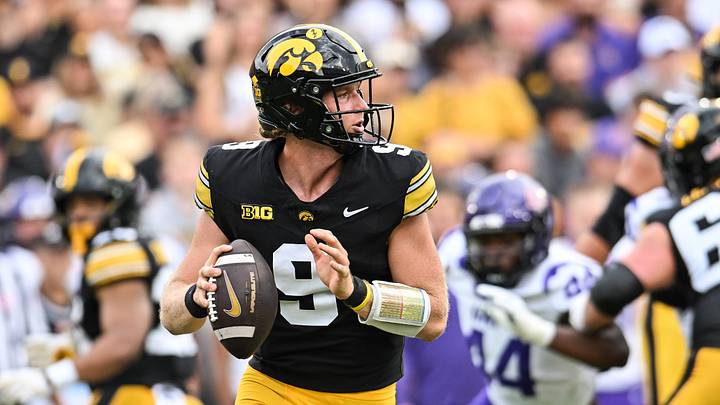 Sep 19, 2026; Iowa City, Iowa, USA;  Iowa Hawkeyes quarterback Hank Brown (9) looks to throws a pass against the UNI Panthers during the first quarter at Kinnick Stadium.  Mandatory Credit: Jeffrey Becker-Imagn Images