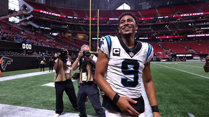 Sep 20, 2026; Atlanta, Georgia, USA;  Carolina Panthers quarterback Bryce Young (9) celebrates after the game against the Atlanta Falcons at Mercedes-Benz Stadium.  Mandatory Credit: Brett Davis-Imagn Images