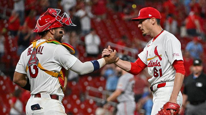 Sep 14, 2026; St. Louis, Missouri, USA; St. Louis Cardinals pitcher Riley O'Brien (61) celebrates with catcher Leo Bernal (13) after the Cardinals defeated the San Francisco Giants at Busch Stadium. Mandatory Credit: Jeff Curry-Imagn Images Sep 14, 2026; St. Louis, Missouri, USA; St. Louis Cardinals pitcher Riley O'Brien (61) celebrates with catcher Leo Bernal (13) after the Cardinals defeated the San Francisco Giants at Busch Stadium. Mandatory Credit: Jeff Curry-Imagn Images