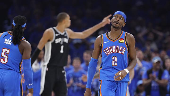 May 30, 2026; Oklahoma City, Oklahoma, USA; Oklahoma City Thunder guard Shai Gilgeous-Alexander (2) reacts in the second quarter against the San Antonio Spurs during game seven of the western conference finals for the 2026 NBA playoffs at Paycom Center. Mandatory Credit: Alonzo Adams-Imagn Images