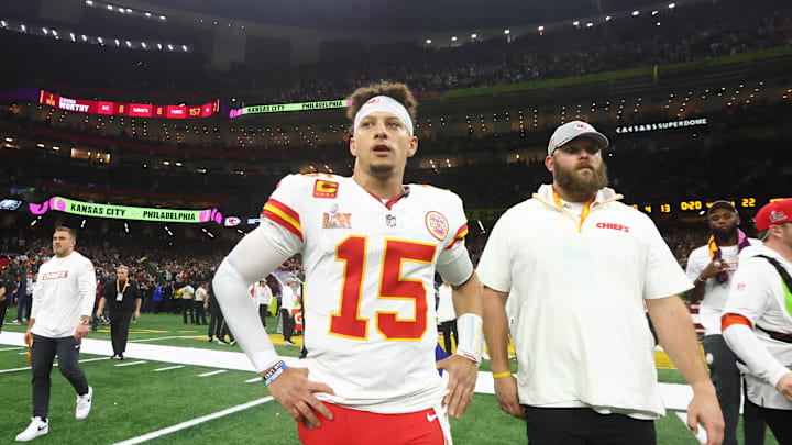 Kansas City Chiefs quarterback Patrick Mahomes (15) reacts after losing to the Philadelphia Eagles in Super Bowl LIX at Ceasars Superdome. 