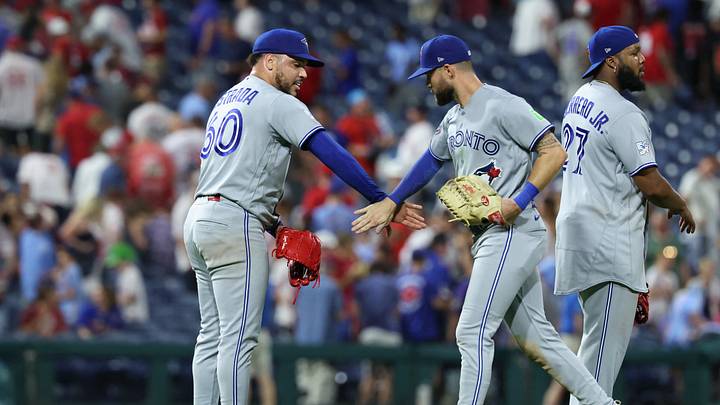 Toronto Blue Jays right fielder Nathan Lukes and pitcher Lazaro Estrada react after a victory. Toronto Blue Jays right fielder Nathan Lukes and pitcher Lazaro Estrada react after a victory.