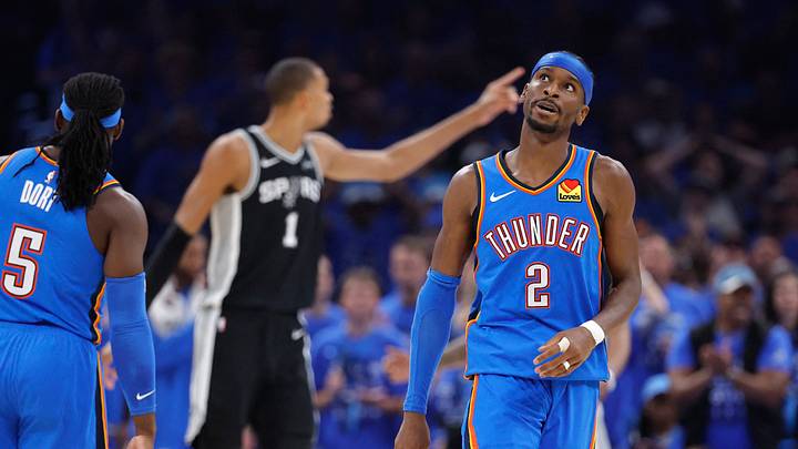 May 30, 2026; Oklahoma City, Oklahoma, USA; Oklahoma City Thunder guard Shai Gilgeous-Alexander (2) reacts in the second quarter against the San Antonio Spurs during game seven of the western conference finals for the 2026 NBA playoffs at Paycom Center. Mandatory Credit: Alonzo Adams-Imagn Images May 30, 2026; Oklahoma City, Oklahoma, USA; Oklahoma City Thunder guard Shai Gilgeous-Alexander (2) reacts in the second quarter against the San Antonio Spurs during game seven of the western conference finals for the 2026 NBA playoffs at Paycom Center. Mandatory Credit: Alonzo Adams-Imagn Images