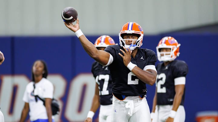 Florida Gators quarterback DJ Lagway (2) throws the ball during fall football practice at Sanders Indoor Practice Facility at the University of Florida in Gainesville, FL on Thursday, August 14, 2025. [Matt Pendleton/Gainesville Sun]