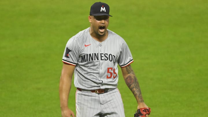 Sep 18, 2024; Cleveland, Ohio, USA; Minnesota Twins relief pitcher Jhoan Duran (59) reacts in the ninth inning against the Cleveland Guardians at Progressive Field. Mandatory Credit: David Richard-Imagn Images