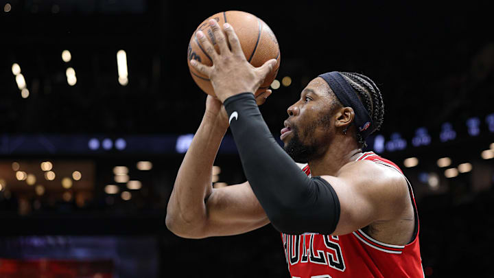 Feb 9, 2026; Brooklyn, New York, USA; Chicago Bulls forward Guerschon Yabusele (28) shoots the ball against the Brooklyn Nets during the first half at Barclays Center. Mandatory Credit: Vincent Carchietta-Imagn Images