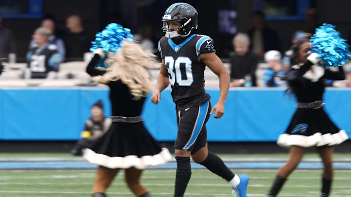 Carolina Panthers running back Chuba Hubbard (30) is introduced before a game Carolina Panthers running back Chuba Hubbard (30) is introduced before a game