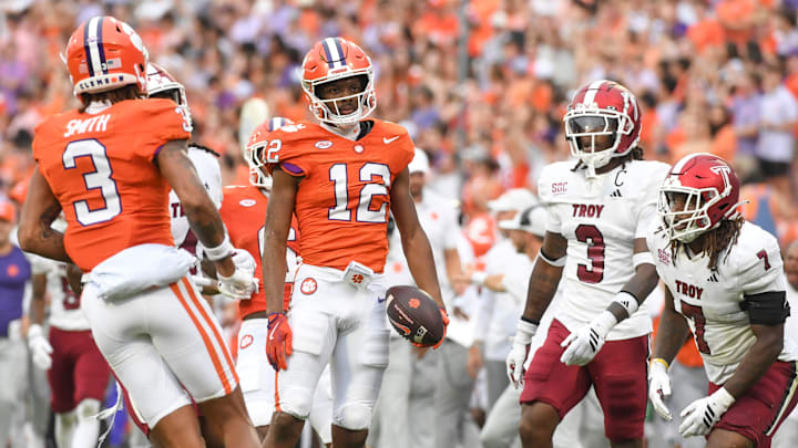 Clemson Tigers wide receiver Bryant Wesco Jr. (12) reacts after getting a first down Saturday, Sept. 6, 2025 during the NCAA football game against the Troy Trojans at Memorial Stadium in Clemson, South Carolina.