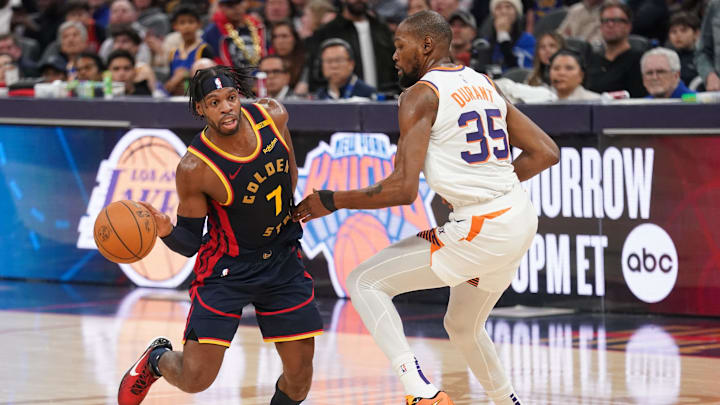 Jan 31, 2025; San Francisco, California, USA; Golden State Warriors guard Buddy Hield (7) dribbles the ball next to Phoenix Suns forward Kevin Durant (35) in the second quarter at the Chase Center. Mandatory Credit: Cary Edmondson-Imagn Images Jan 31, 2025; San Francisco, California, USA; Golden State Warriors guard Buddy Hield (7) dribbles the ball next to Phoenix Suns forward Kevin Durant (35) in the second quarter at the Chase Center. Mandatory Credit: Cary Edmondson-Imagn Images