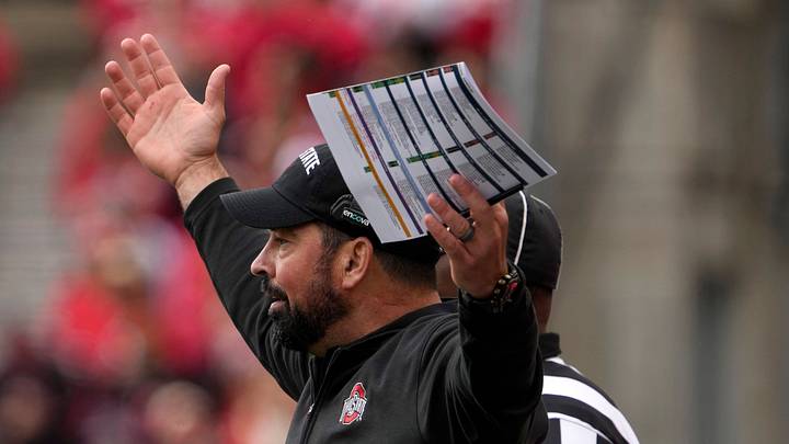 Oct. 7, 2023; Columbus, Oh., USA; 
Ohio State Buckeyes head coach Ryan Day protests a call during the first half of Saturday's NCAA Division I football game against the Maryland Terrapins at Ohio Stadium.