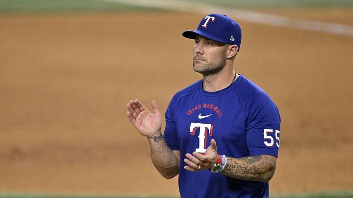 May 27, 2026; Arlington, Texas, USA;  Texas Rangers manager Skip Schumaker walks to the pitchers mound during the eighth inning against the Houston Astros at Globe Life Field. Mandatory Credit: Jerome Miron-Imagn Images