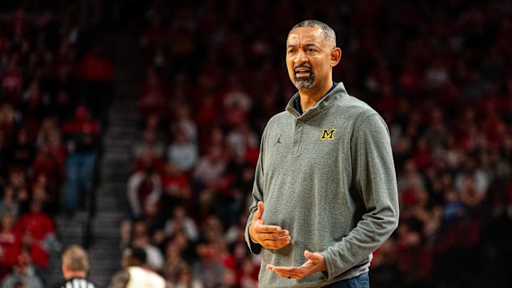 Feb 10, 2024; Lincoln, Nebraska, USA; Michigan Wolverines head coach Juwan Howard reacts to a call