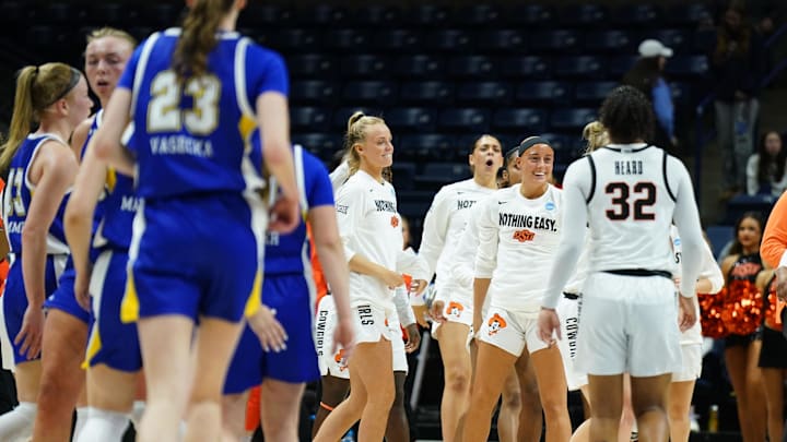 Mar 22, 2025; Storrs, Connecticut, USA; The Oklahoma State Cowgirls take on the3 South Dakota State Jackrabbits in the first half at Harry A. Gampel Pavilion. Mandatory Credit: David Butler II-Imagn Images Mar 22, 2025; Storrs, Connecticut, USA; The Oklahoma State Cowgirls take on the3 South Dakota State Jackrabbits in the first half at Harry A. Gampel Pavilion. Mandatory Credit: David Butler II-Imagn Images