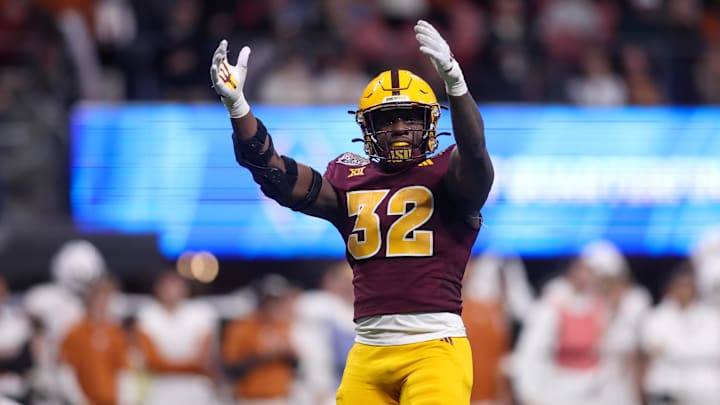 Jan 1, 2025; Atlanta, GA, USA; Arizona State Sun Devils defensive lineman Prince Dorbah (32) fires up the crowd against the Texas Longhorns in the fourth quarter at Mercedes-Benz Stadium. Mandatory Credit: Brett Davis-Imagn Images