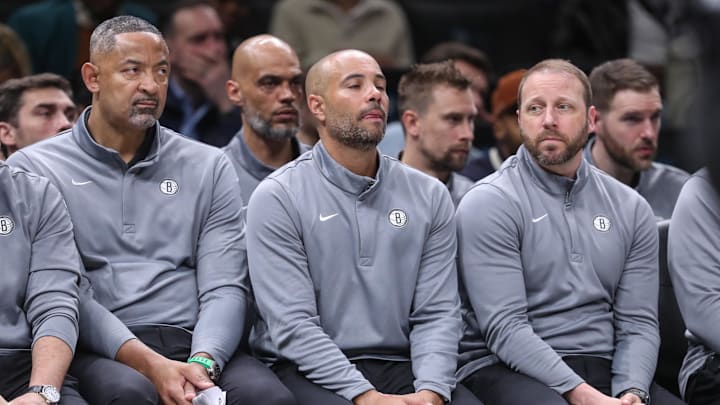 Mar 10, 2026; Brooklyn, New York, USA;  The Brooklyn Nets coaching staff watches from the bench in the fourth quarter against the Detroit Pistons at Barclays Center. Mandatory Credit: Wendell Cruz-Imagn Images