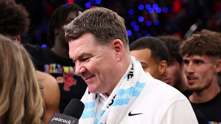 Nov 14, 2025; Inglewood, California, USA;  Arizona Wildcats head coach Tommy Lloyd takes a post game interview after defeating the UCLA Bruins 69-65 at Intuit Dome. Mandatory Credit: Kiyoshi Mio-Imagn Images