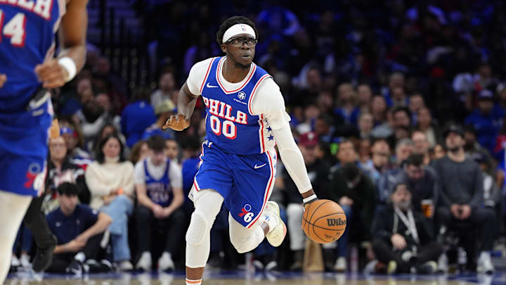 Feb 5, 2025; Philadelphia, Pennsylvania, USA; Philadelphia 76ers guard Reggie Jackson (00) controls the ball against the Miami Heat in the third quarter at Wells Fargo Center. Mandatory Credit: Kyle Ross-Imagn Images