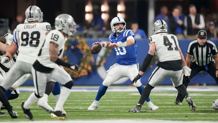 Indianapolis Colts quarterback Gardner Minshew II (10) draws back to pass Sunday, Dec. 31, 2023, during a game against the Las Vegas Raiders at Lucas Oil Stadium in Indianapolis. Indianapolis Colts quarterback Gardner Minshew II (10) draws back to pass Sunday, Dec. 31, 2023, during a game against the Las Vegas Raiders at Lucas Oil Stadium in Indianapolis.