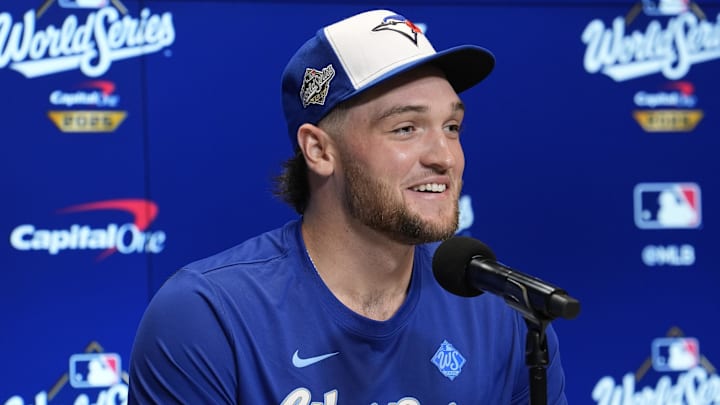 Oct 23, 2025: Blue Jays starting pitcher Trey Yesavage smile before Game 1 of the World Series at Rogers Centre. Oct 23, 2025: Blue Jays starting pitcher Trey Yesavage smile before Game 1 of the World Series at Rogers Centre.