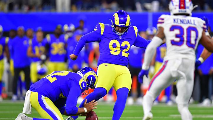 Oct 12, 2026; Inglewood, California, USA;  Los Angeles Rams place kicker Harrison Mevis (92) kicks a point after try during the fourth quarter against the Buffalo Bills at SoFi Stadium.  Mandatory Credit: Gary A. Vasquez-Imagn Images